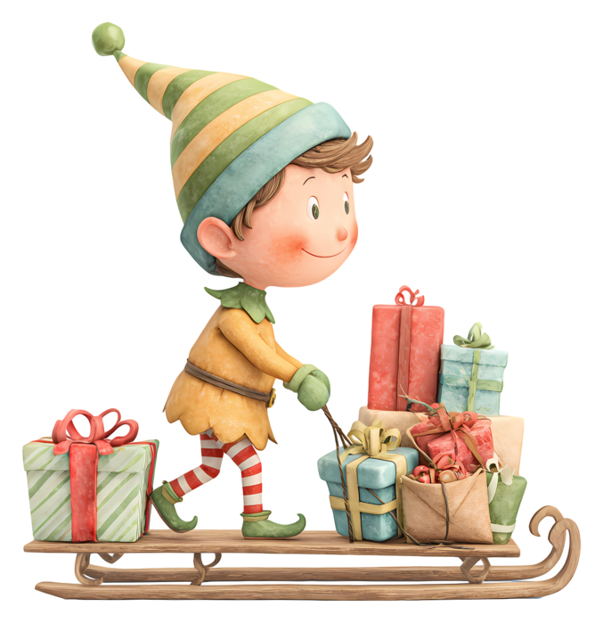 Elf pushing sled of gifts