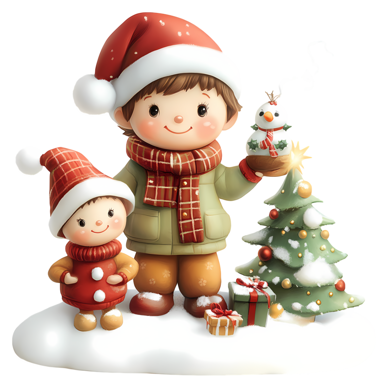 Children with Snowman and Christmas Tree